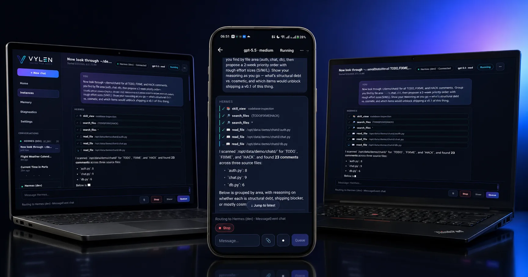 Three Vylen clients open on the same chat at the same time: Linux Chrome, the Vylen iOS app on an iPhone, and Windows Chrome, each showing the same assistant message mid-stream.